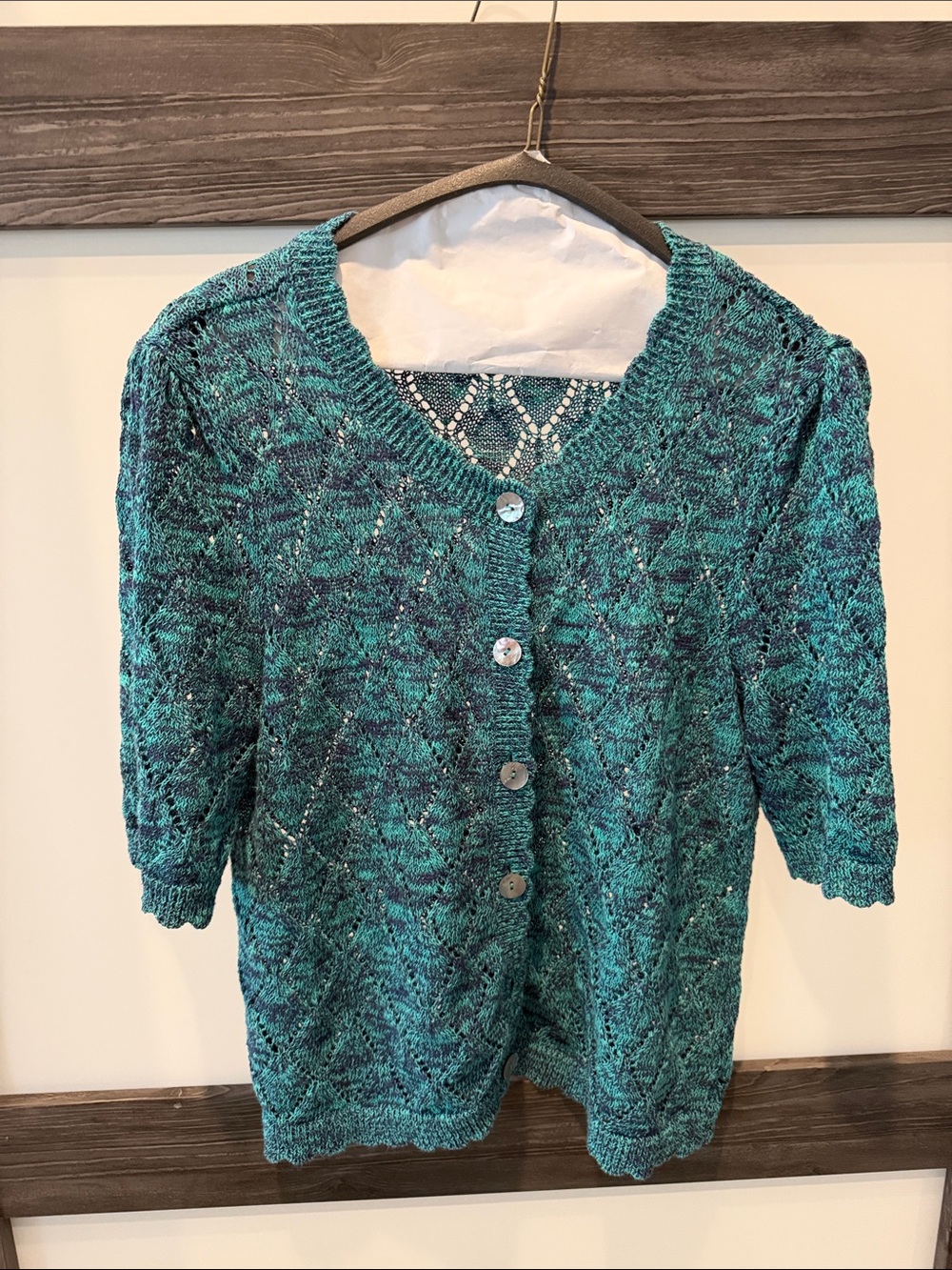 Soft Surroundings Teal Marled Lace-Knit Button Cardigan